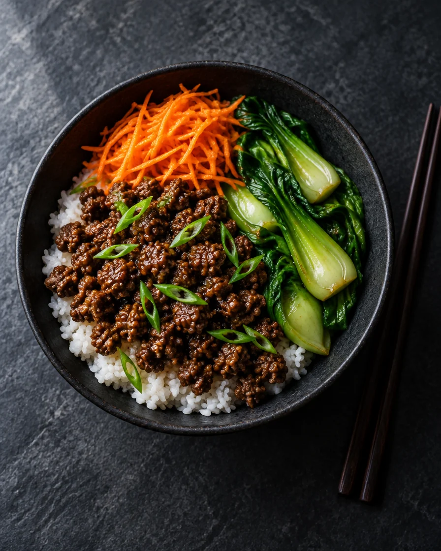 A ginger soy beef rice bowl with grated carrot, bok choy and scallion greens