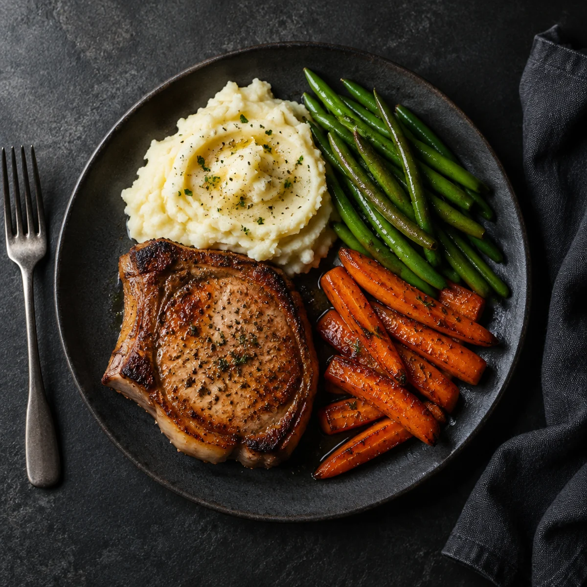 A seared pork chop with mashed potatoes, green beans and maple-roasted carrots