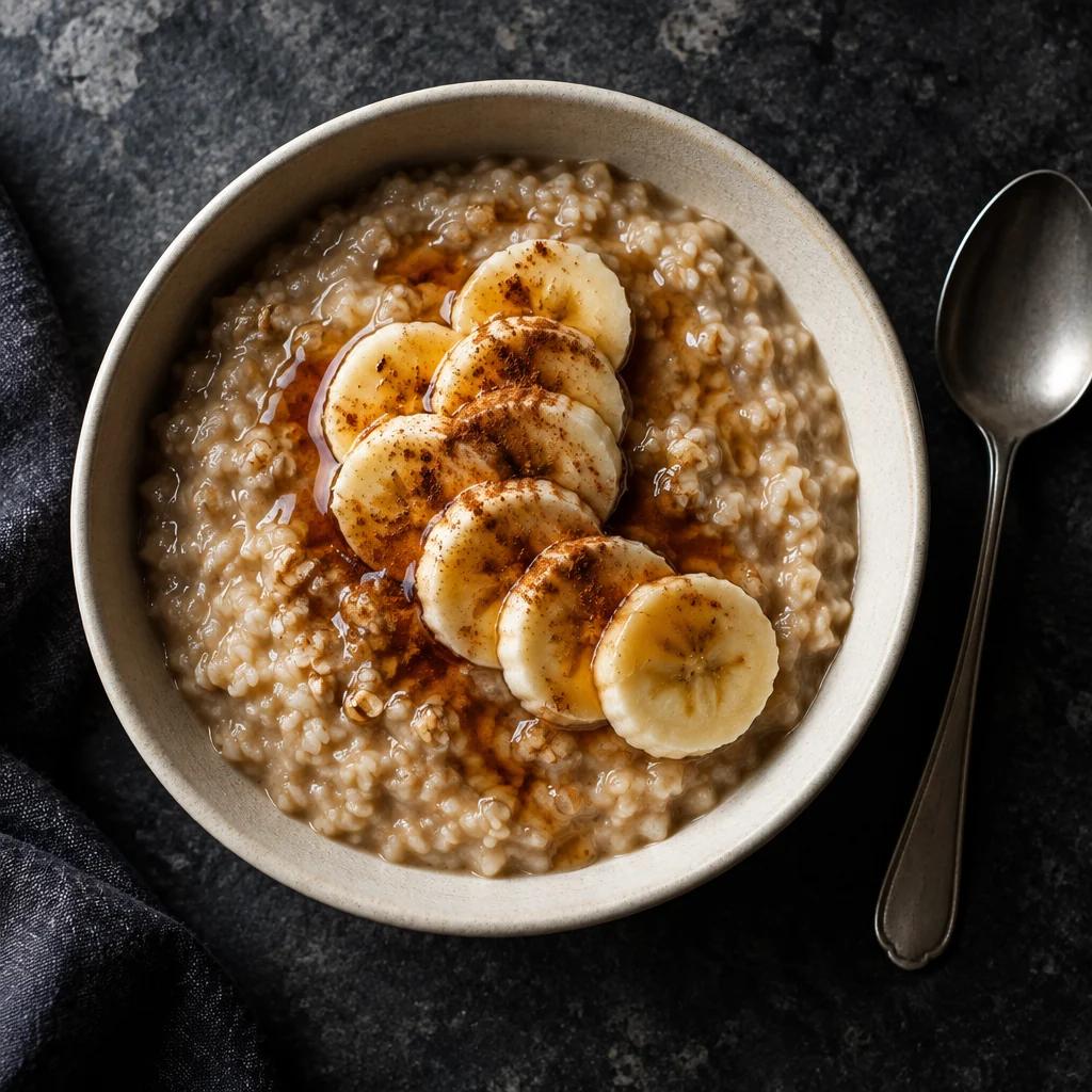 A bowl of maple oat and rice porridge topped with sliced banana