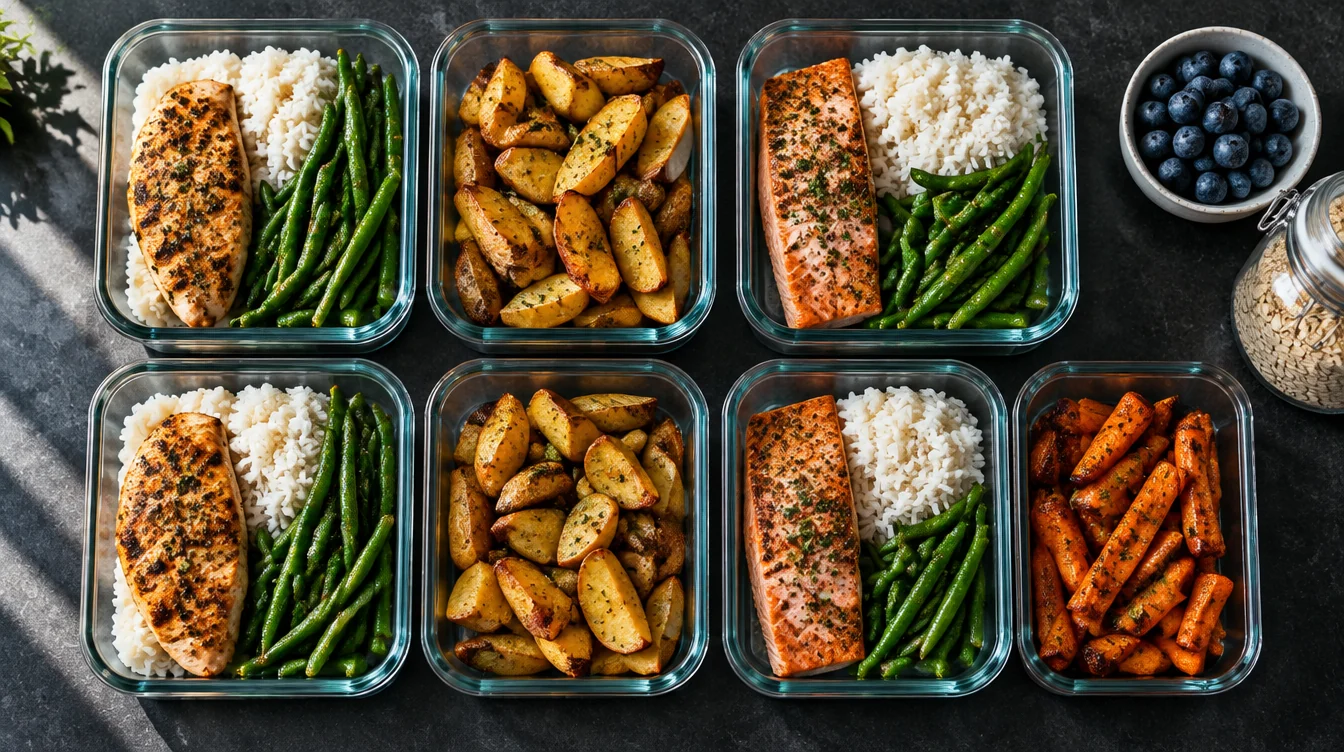 Glass containers of chicken, rice, green beans, potatoes, salmon and carrots laid out for the week