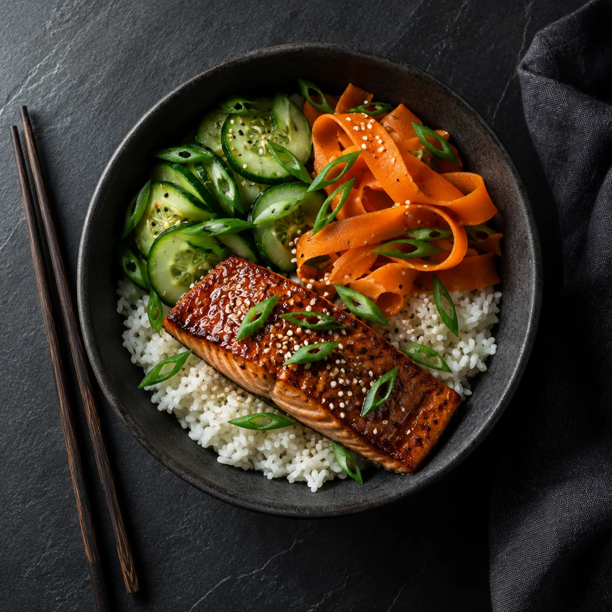 A maple tamari salmon rice bowl with cucumber, carrot ribbons and sesame seeds